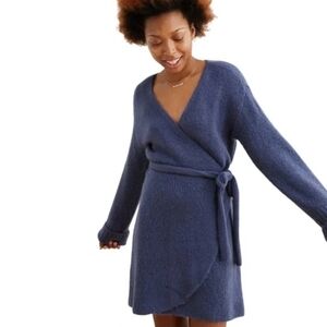 Aerie Alpaca Wool Fuzzy Cozy Blue Wrap Belted Sweater Dress Size Small